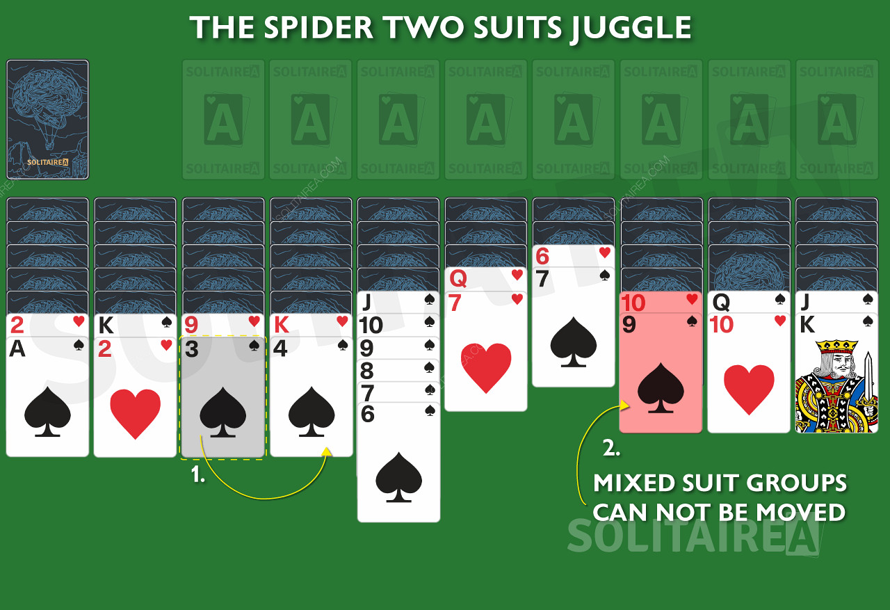 Grupurile de culori mixte nu pot fi mutate în Spider Solitaire 2 Suits